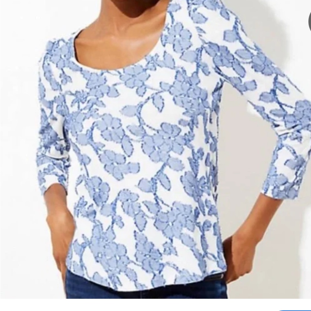 LOFT White and Blue Floral Textured Blouse